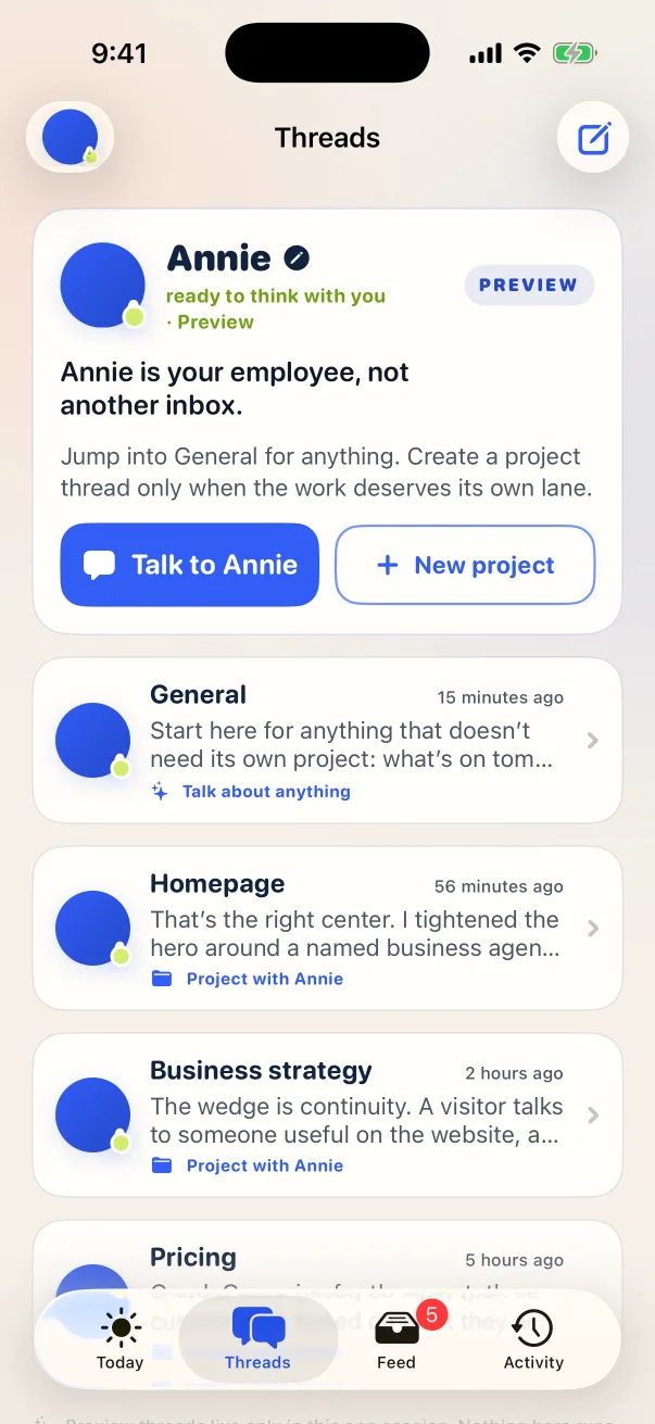 TryDesk iPhone Preview showing Annie, General, Homepage, Business strategy, and Pricing conversations
