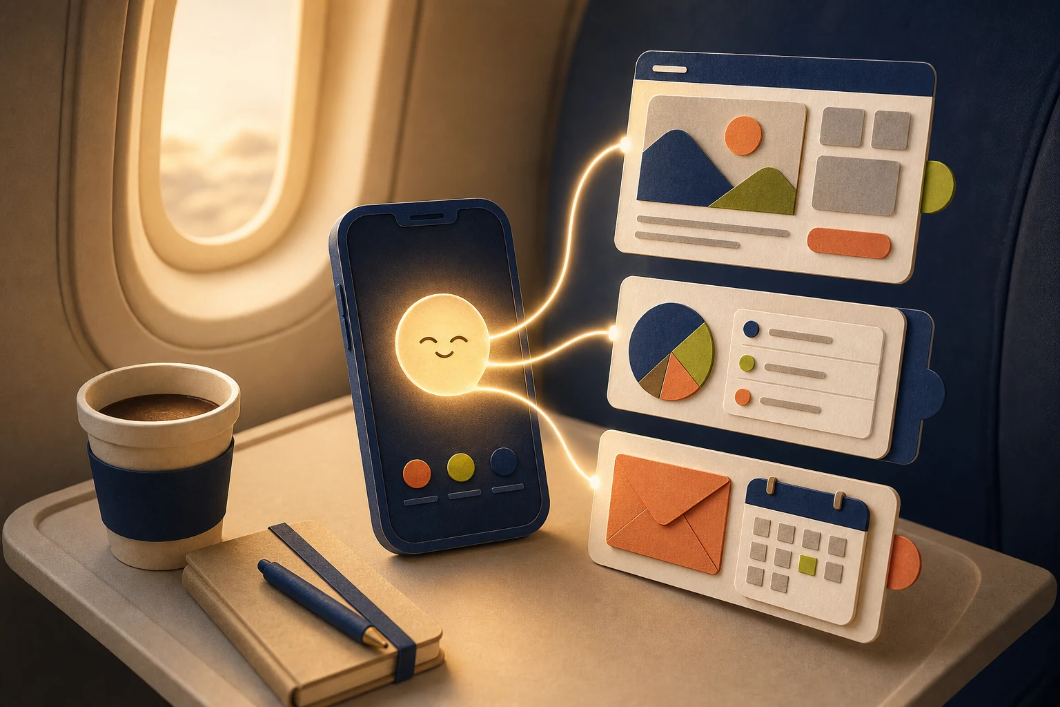A warm handcrafted phone companion organizing website projects and business decisions from an airplane tray table